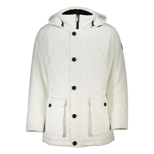Hugo Boss White Polyamide Men's Jacket with removable hood and large pockets, perfect for a sophisticated yet functional style.