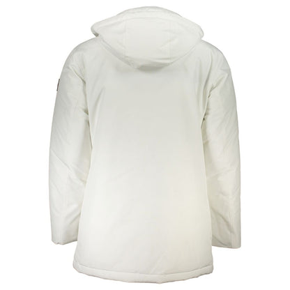 Back view of Hugo Boss White Polyamide Men's Jacket with hood, showcasing a sophisticated design for men's outerwear collection.