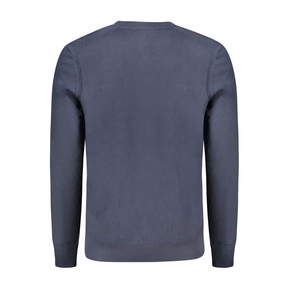 Back view of Hugo Boss Blue Cotton Sweater with long sleeves and V-neck design featuring logo embroidery.