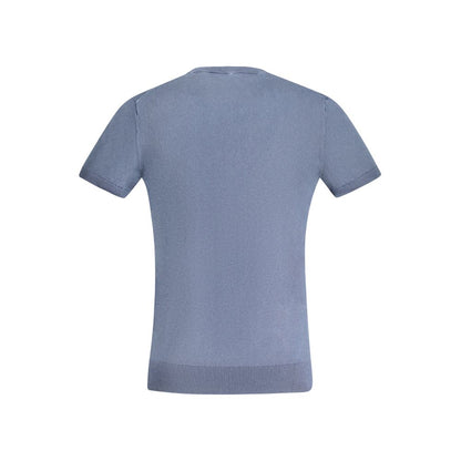 Alt Tag: Back view of Guess Jeans Blue Cotton Sweater short-sleeved crew neck with embroidery and logo.