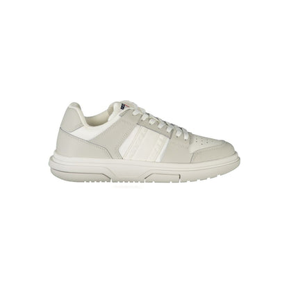 Tommy Hilfiger White Polyester Sneaker with grey contrast, laces, removable footbed, print, and logo detail.