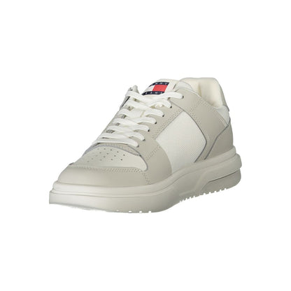 Tommy Hilfiger White Polyester Sneaker, sports shoe with laces, grey contrasting details, removable footbed, logo print design
