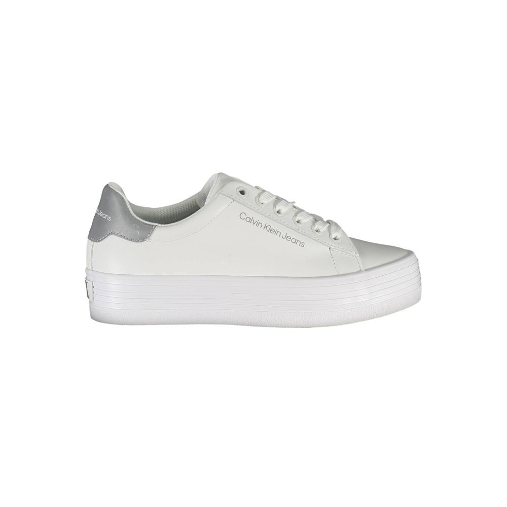 Calvin Klein White Polyester Sneaker, eco-friendly sports shoe with laces, contrasting details, logo, 100% recycled polyester