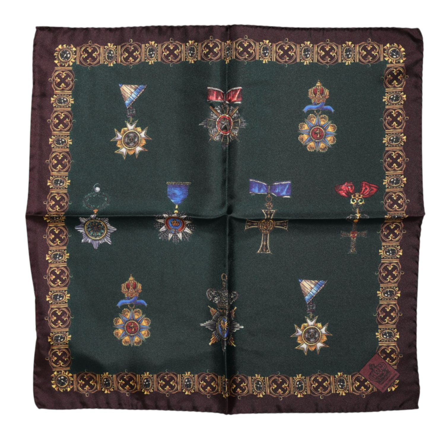 Dolce & Gabbana Green Medals Silk Square Foulard Scarf