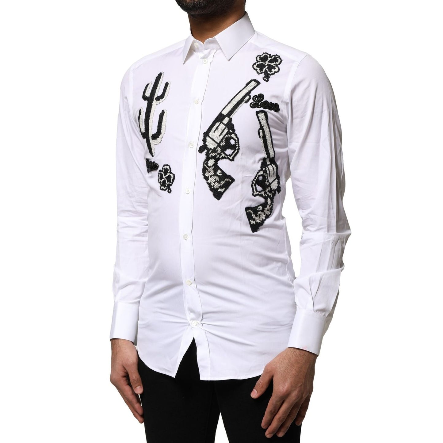 Dolce & Gabbana White GOLD Embroidery Detailed Dress Shirt