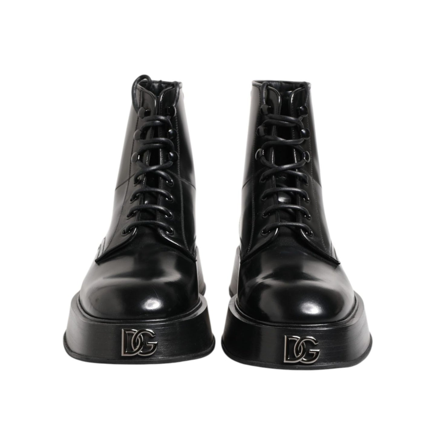 Dolce & Gabbana Black Leather Logo Ankle Boots Lace Up Shoes