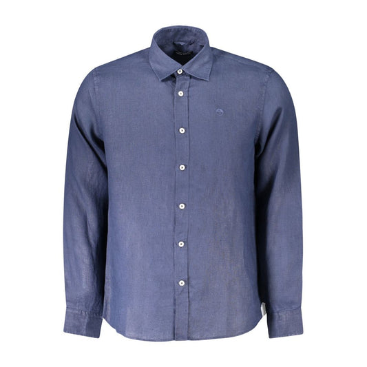 North Sails Blue Linen Shirt with Italian collar, long sleeves, 1 button cuffs, buttons, embroidery, and logo.