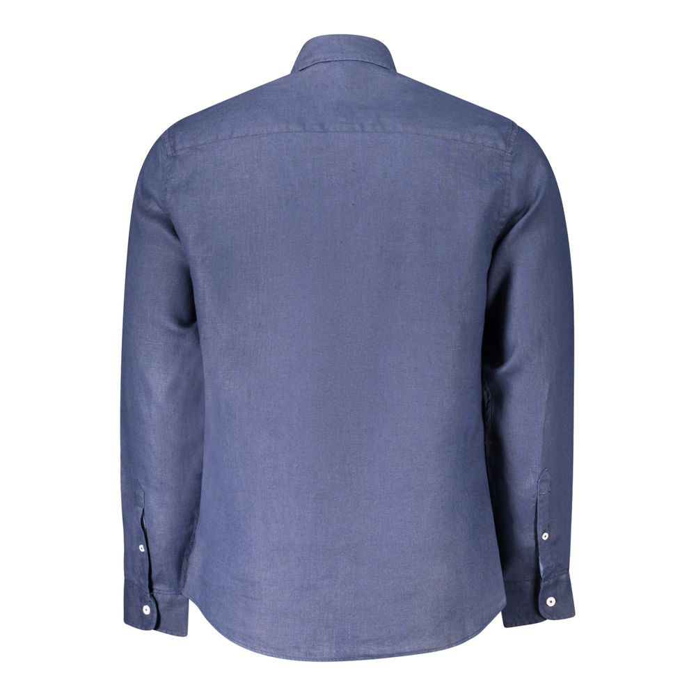 Back view of North Sails Blue Linen Shirt with Italian collar and button cuffs, featuring ocean-positive embroidery and logo.