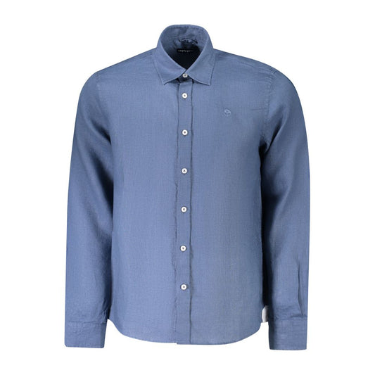 North Sails Blue Linen Shirt with Italian collar, long sleeves, 1 button cuffs, and embroidered logo. Ocean Positive.