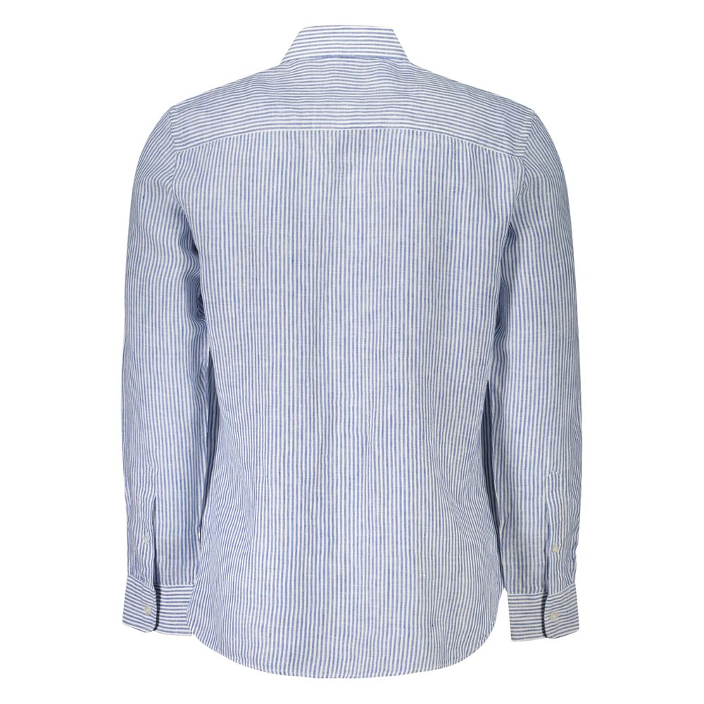 Back view of North Sails Blue Linen Shirt, long sleeve striped design with French collar and button cuffs