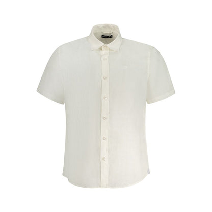 North Sails White Linen Shirt with Italian collar, short sleeves, and buttons featuring embroidery logo and ocean positive design.