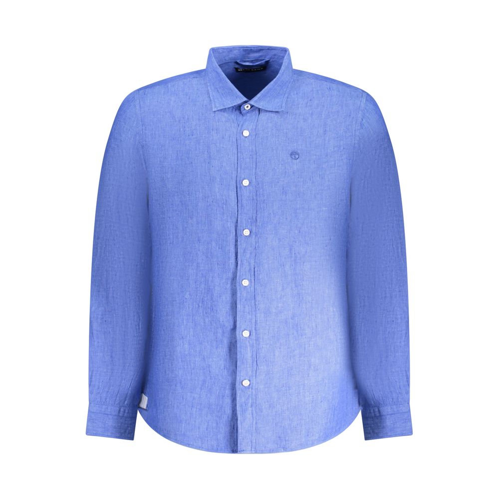 North Sails Blue Linen Shirt with Italian collar, long sleeves, 1 button cuffs, elegant button design, and embroidery logo.