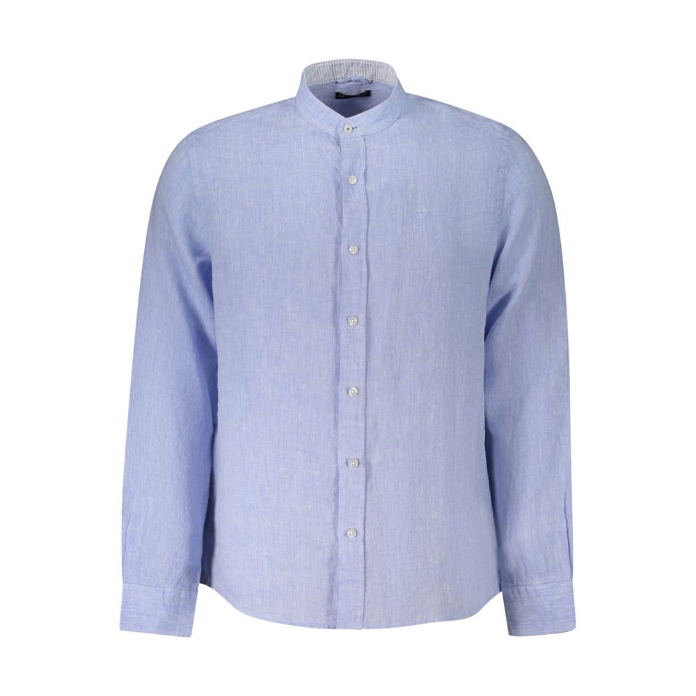 North Sails Blue Linen Shirt with long sleeves and Korean collar, featuring embroidery and logo, ocean positive design.
