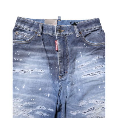 Dsquared² Blue Tattered Cotton Mid Waist Straight Denim Jeans