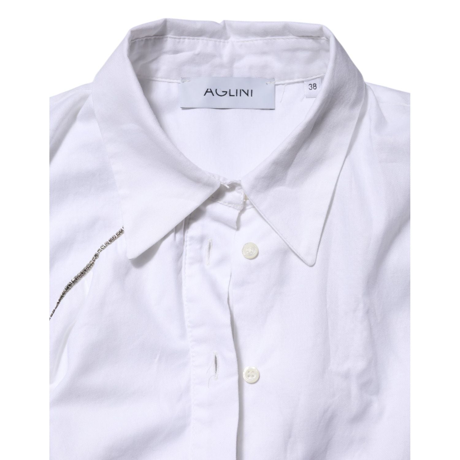 AGLINI White Cotton Collared Long Sleeves Ruffle Top Shirt
