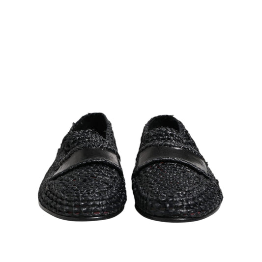 Dolce & Gabbana Black Woven Leather Slip On Loafers Men Shoes MV7485-39