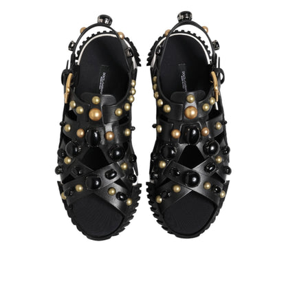 Dolce & Gabbana Black Leather Studded Ankle Strap Sandals Shoes