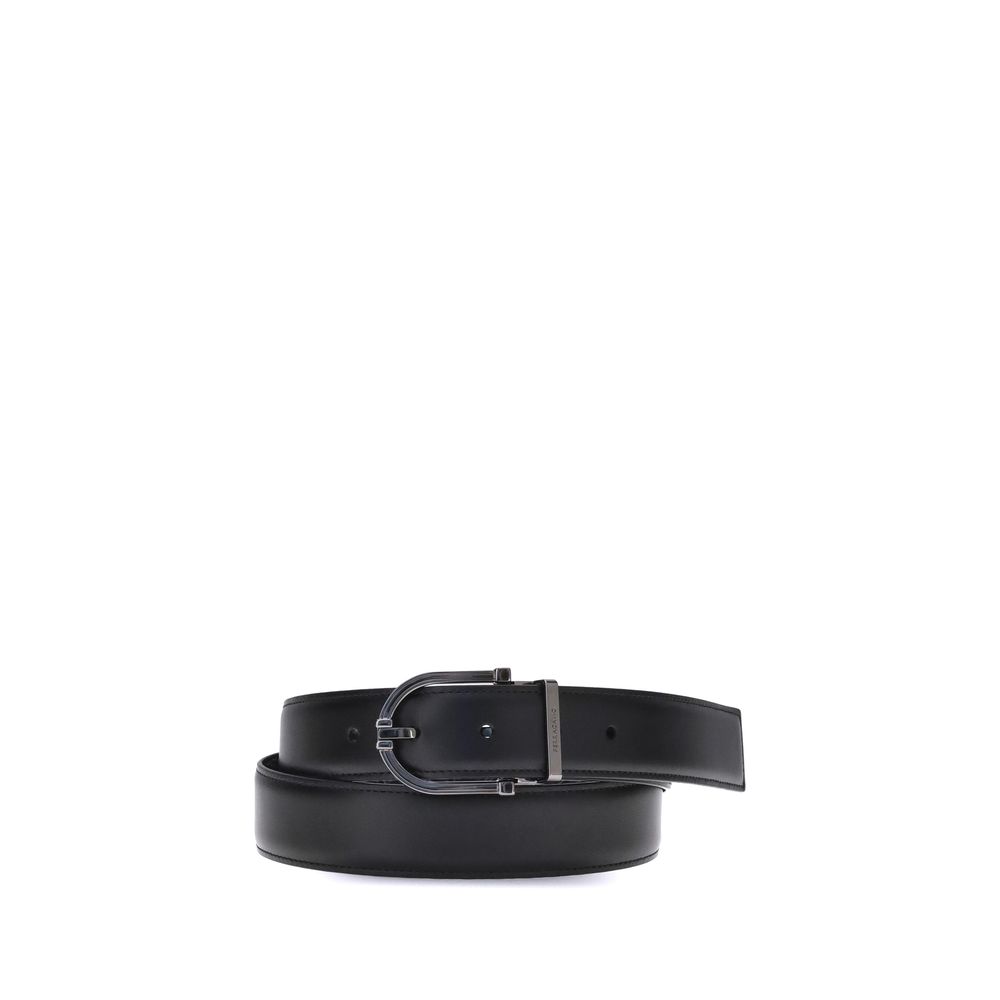 Ferragamo Black Calf Leather Bos Taurus Belt with geometric buckle and reversible design