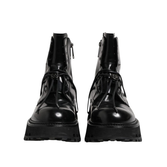 Dolce & Gabbana Black Leather Logo Ankle Boots Lace Up Shoes