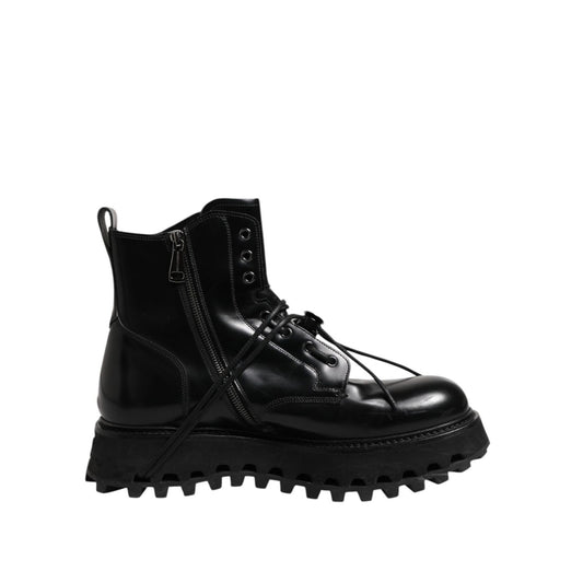 Dolce & Gabbana Black Leather Logo Ankle Boots Lace Up Shoes