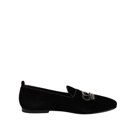 Dolce & Gabbana Black Velvet Crystal Crown Loafers Dress Shoes MV7513-44