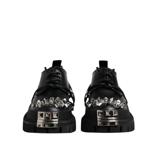 Dolce & Gabbana Black Leather Embellished Trekking Derby Shoes MV7514-41