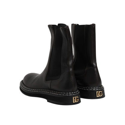 Dolce & Gabbana Black Leather Mid Calf Boots Flats Shoes