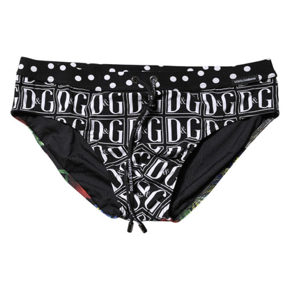 Dolce & Gabbana Black Floral Logo Beachwear Men Brief Swimwear