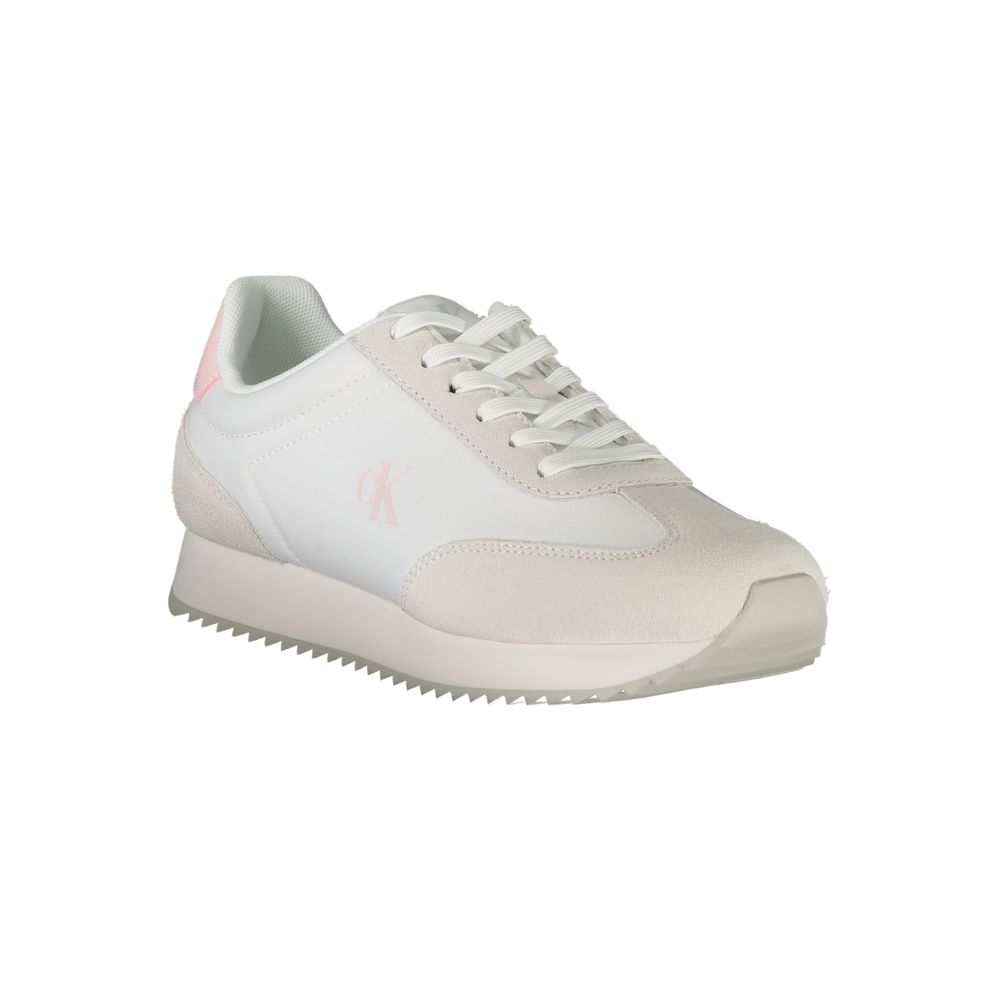 Calvin Klein White Leather Women Sneaker with pink accents and logo, showcasing modern style and comfort for trendsetters.