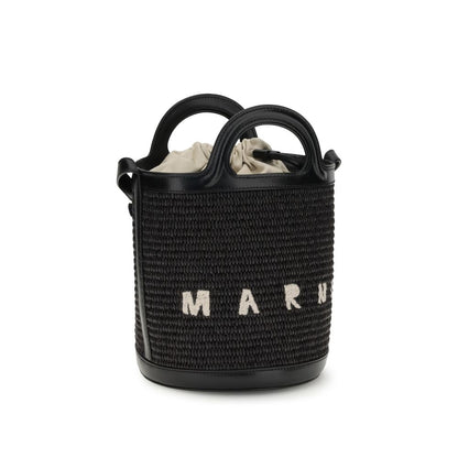 Marni Black Cotton Backet Bag with raffia, leather trim, handles, shoulder strap, drawstring closure, and brand logo.