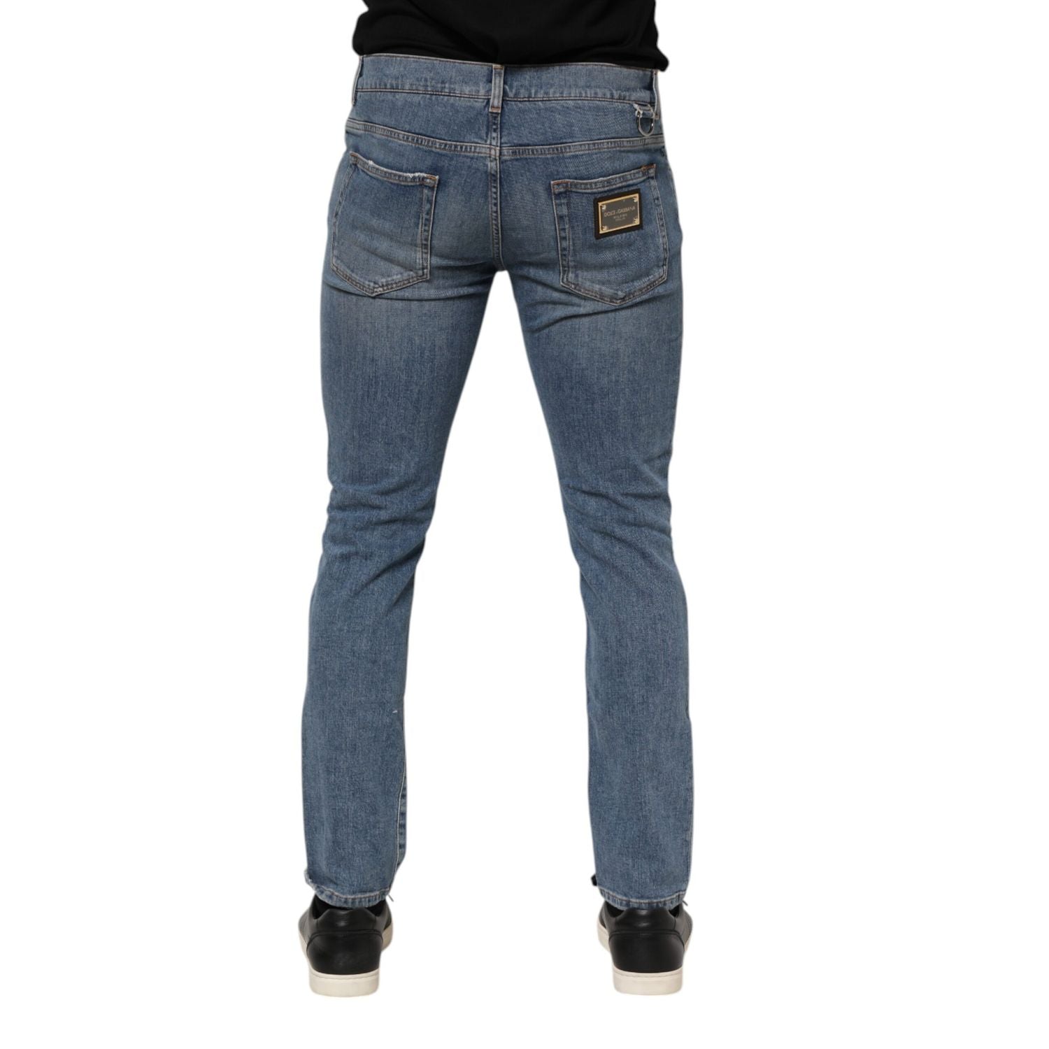 Dolce & Gabbana Blue Cotton Tattered Skinny Logo Denim Jeans