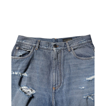 Dolce & Gabbana Blue Tattered Cotton Logo Plaque Denim Jeans