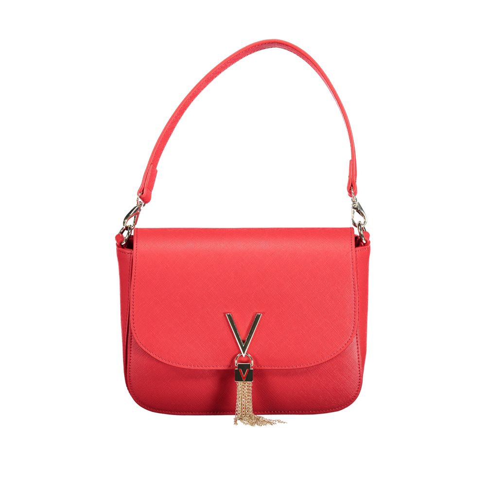 Mario Valentino Red Polyethylene Handbag with removable shoulder handle, chain strap, pockets, and logo detailing.