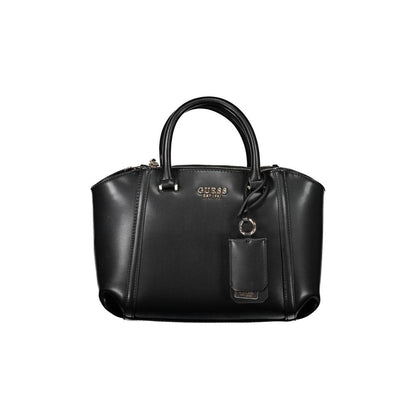 Guess Jeans Black Polyethylene Handbag with two handles and removable shoulder strap, featuring three compartments and multiple pockets.