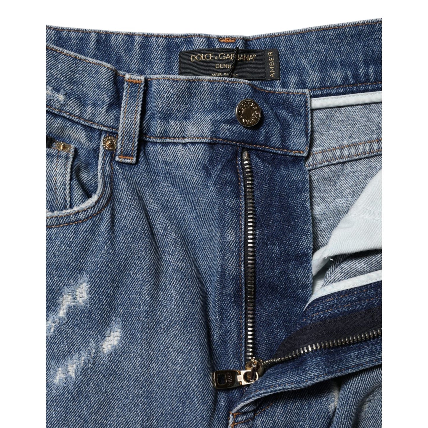 Dolce & Gabbana Blue Cotton Tattered High Waist Denim Jeans