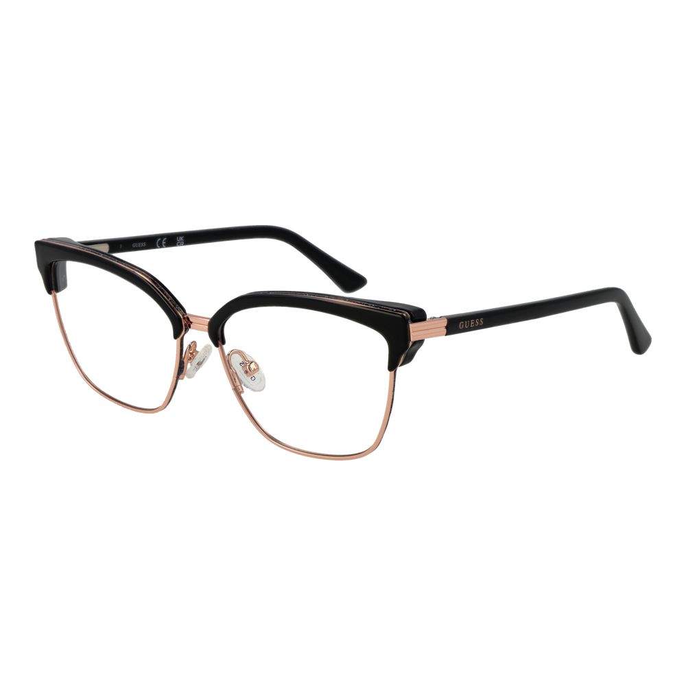 Guess Rose Gold Women Glasses Frame with stainless steel full-rim browline style and demo lenses, includes branded case.