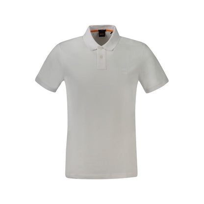 Hugo Boss White Cotton Polo Shirt, slim fit short sleeve with 2 buttons and logo embroidery, perfect for a stylish casual look.