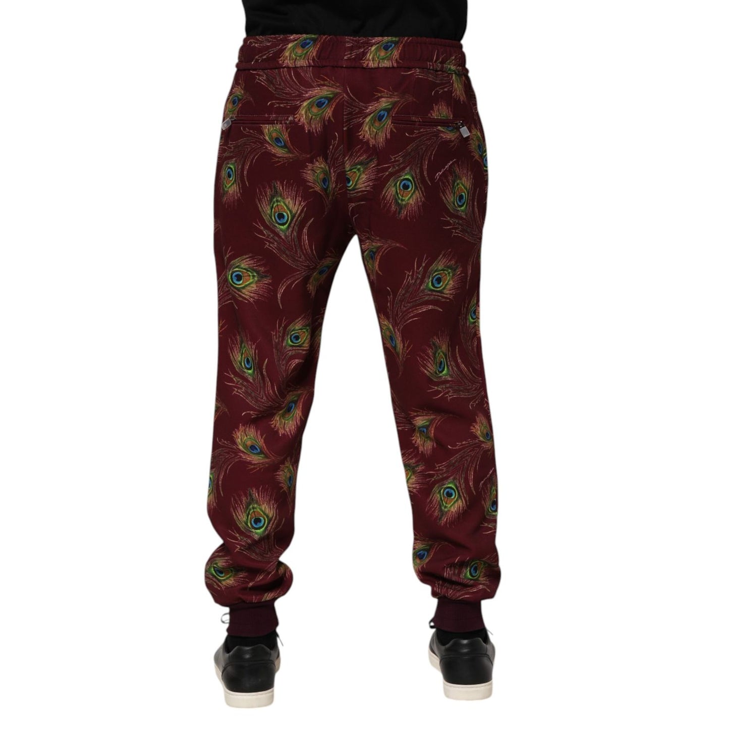 Dolce & Gabbana Burgundy Peacock Feather Print Jogger Pants