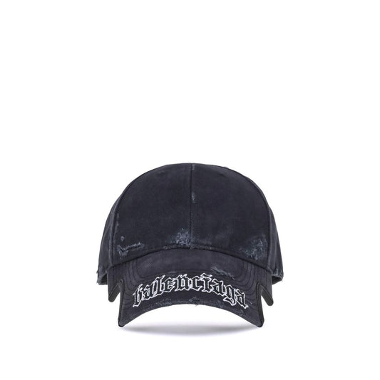 Balenciaga Black Cotton Cap (Baseball Hat) with Blackletter Script motif and embroidered eyelets, featuring adjustable hook-and-loop closure.