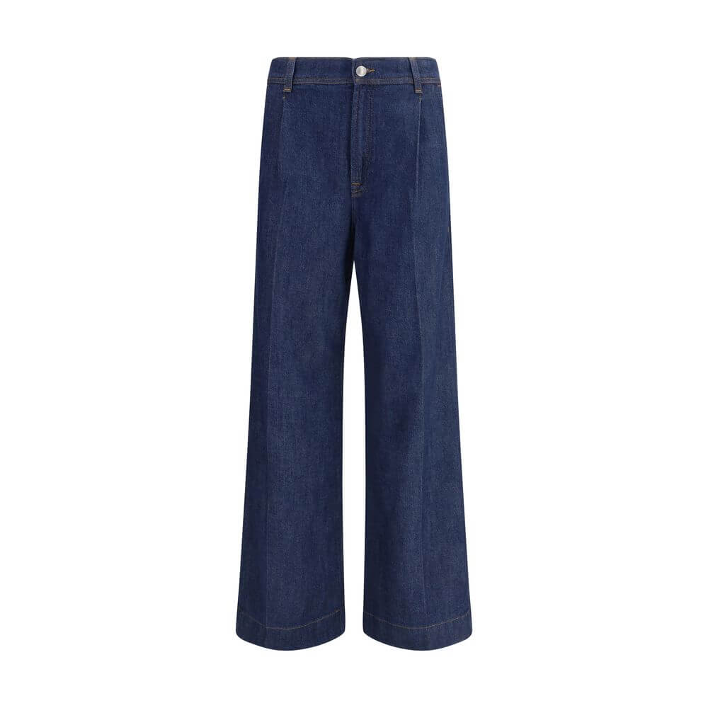 7FOR Blue Modal Jeans Denim with high waist and wide legs, featuring pleated details, front button closure, and welt pockets.