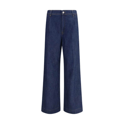 7FOR Blue Modal Jeans Denim with high waist and wide legs, featuring pleated details, front button closure, and welt pockets.