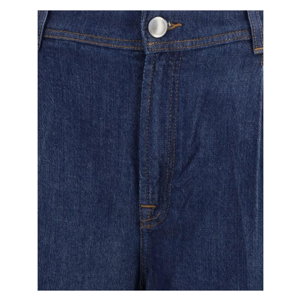 Close-up of 7FOR Blue Modal Jeans Denim showcasing front button closure and dark blue fabric.