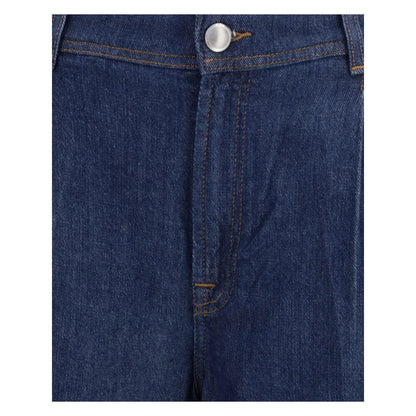 Close-up of 7FOR Blue Modal Jeans Denim showcasing front button closure and dark blue fabric.