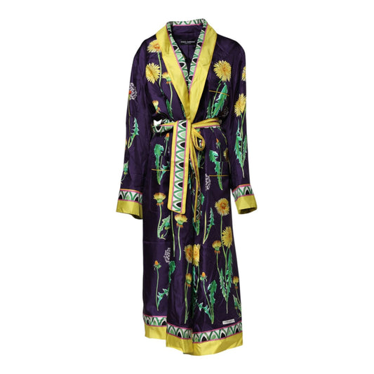 Dolce & Gabbana Blue Floral Print Silk Long Sleeves Wrap Robe JKT41486-36