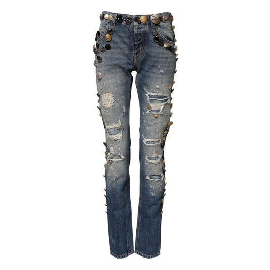 Dolce & Gabbana Blue Embellished Tattered SkinnyDenim Jeans PAN75539-38