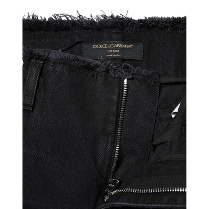 Dolce & Gabbana Black Cotton Tattered Mid Waist Denim Jeans
