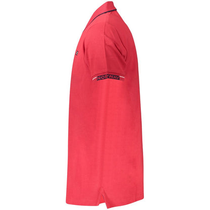 Side view of Norway 1963 Red Cotton Men Polo Shirt showcasing embroidery and sophisticated design.