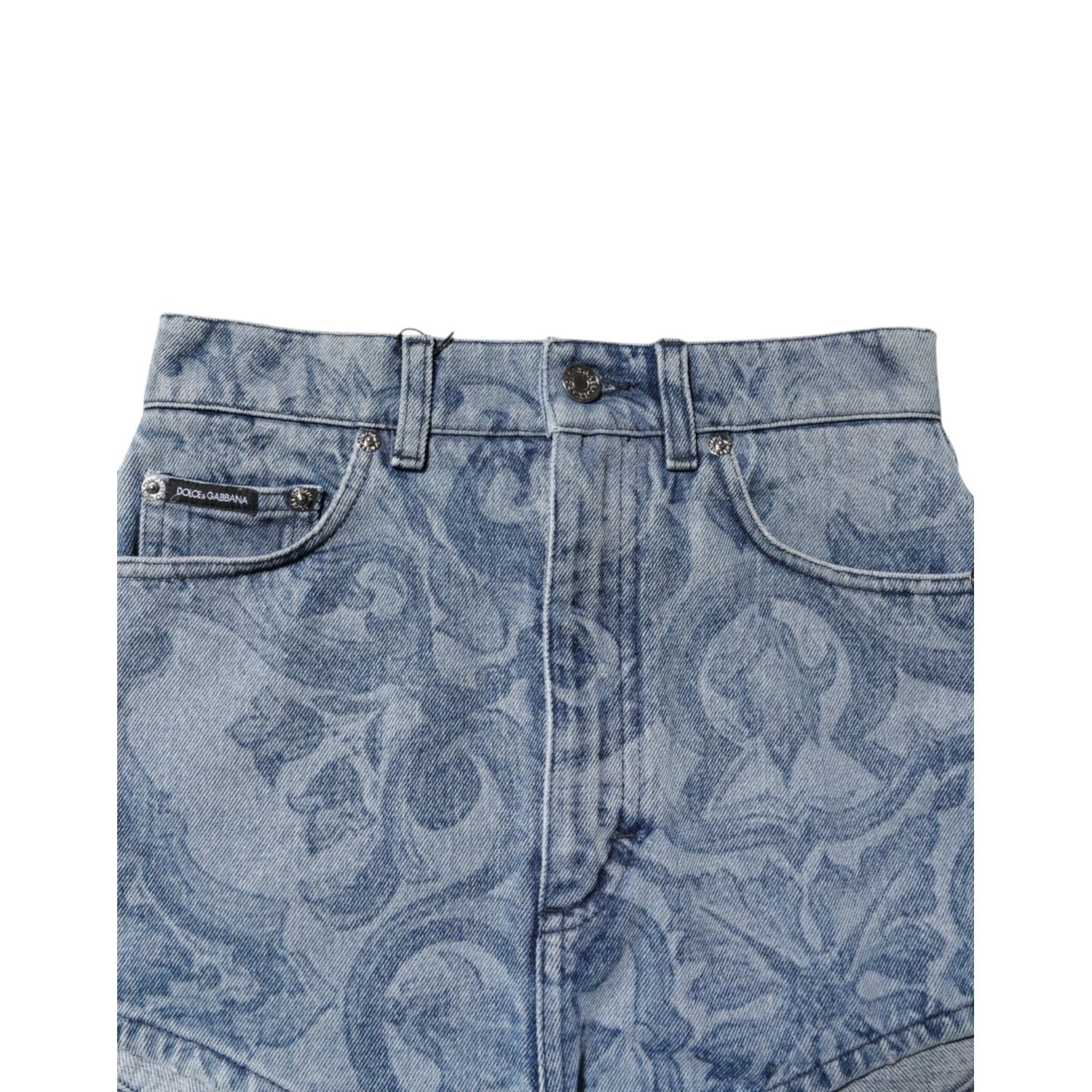 Dolce & Gabbana Blue Floral Print Denim Cotton Hot Pants Shorts