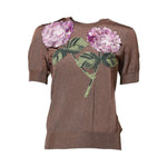 Dolce & Gabbana Brown Lily Embellished Round Neck Blouse Top TSH86579-36
