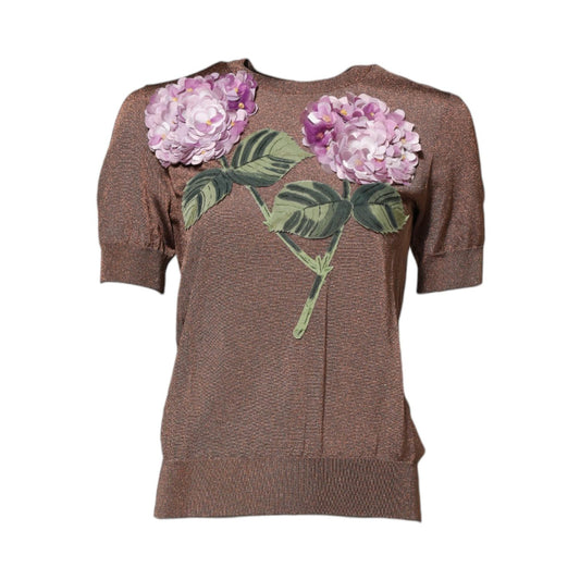 Dolce & Gabbana Brown Lily Embellished Round Neck Blouse Top TSH86579-36